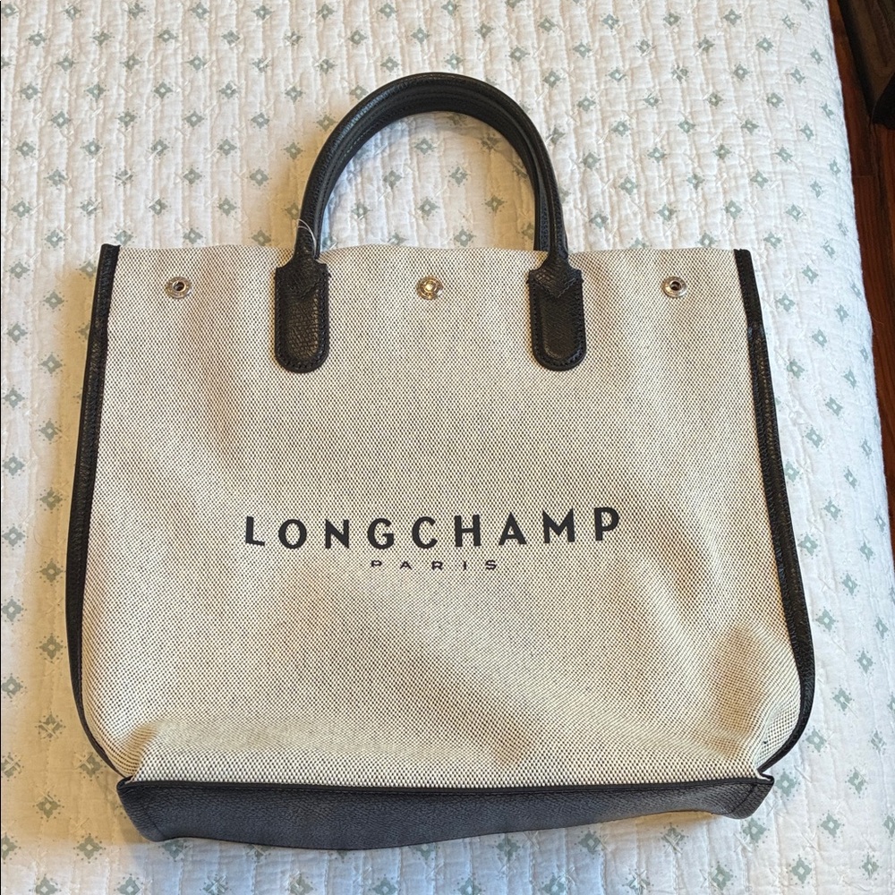 Longchamp Beige Canvas Tote with Black Trim